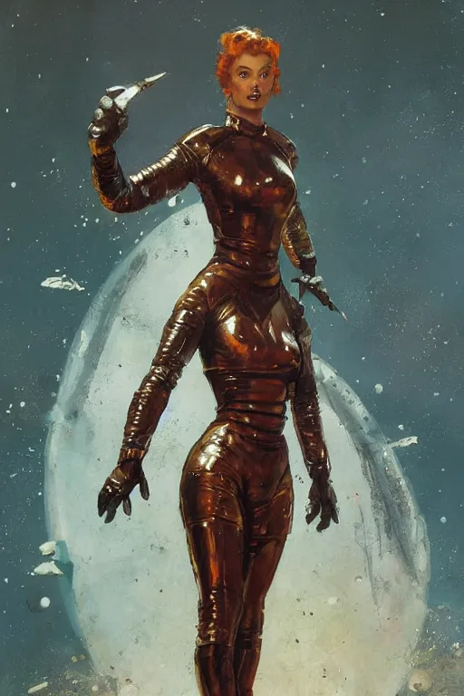 Prompt: pulp scifi fantasy illustration full body portrait of elegant warrior woman wearing latex spacesuit, by norman rockwell, jack kirby, bergey, craig mullins, ruan jia, jeremy mann, tom lovell, 5 0 s, astounding stories, fantasy