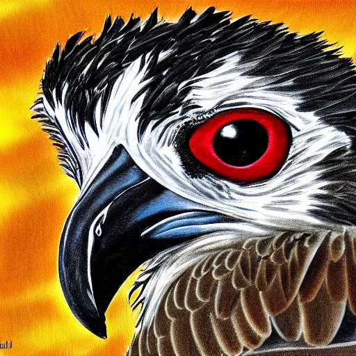 Image similar to extremely detailed cartoon osprey looking directly into camera psychedelic