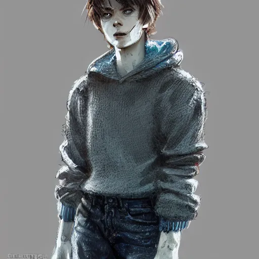 Image similar to portrait of a very masculine teenage girl with blue eyes and brown hair, short men's haircut, smiling, wearing an oversized sweater, dramatic lighting, illustration by Greg rutkowski, yoji shinkawa, 4k, digital art, concept art, trending on artstation