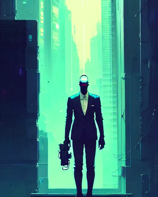 Image similar to cyberpunk synth, hyper - realistic portrait of a man in a suit with detailed background, cyberpunk, intricate, digital painting, by atey ghailan, by greg rutkowski, by greg tocchini, by james gilleard, by joe fenton, by kaethe butcher, dynamic lighting, gradient light blue, lighting color scheme, sharp focus, grunge aesthetic