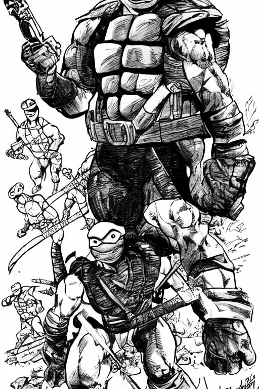 Image similar to ronald reagan as a teenage mutant ninja turtle, full body, pen an ink, comic books style, very detailed, by eric talbot, artstation, pinterest