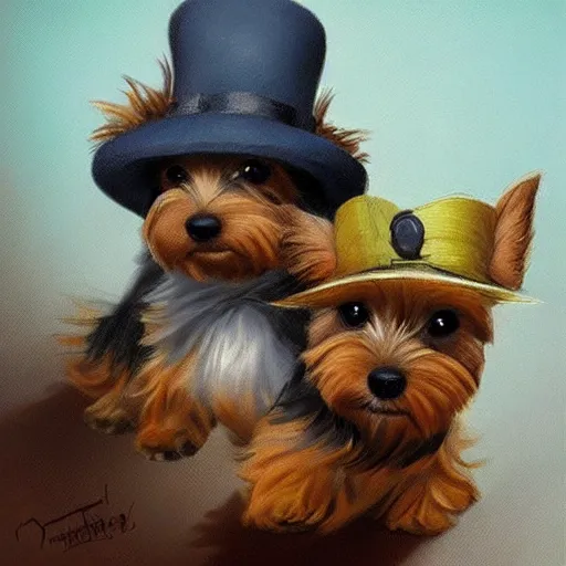 Image similar to The cutest yorkshire terrier wearing a fedora hat, concept art by Justin Gerard, trending on artstation