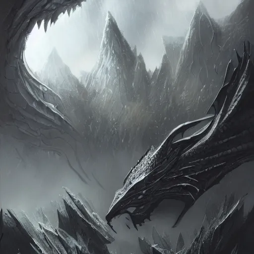 Prompt: grey dragon close up by greg rutkowski, drark, marvel comics, dark, plutus su and chris scalf and lucas graciano and billy christian, symmetrical, mountains, grey and gold color palette, painting, d & d, fantasy, detailed, realistic, complimentary colors, light, artstation, cinematic, dramatic lighting, close up, storm clouds, hudson river school