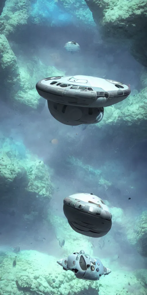 Image similar to white disc - shaped spacecraft submarine, fusion of subnautica and star trek, flying through a spectacular underwater coral canyon, kelp forest, schools of fish, in the style of john eaves ron walotsky ralph mcquarrie, soft natural volumetric lighting, realistic 4 k unreal engine 5 beautifully detailed render, 4 k post processing, trending on artstation