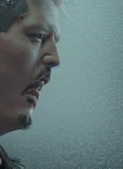 Image similar to screenshoot from david lynch weird movie, face centered portrait of johnny depp in matrix movie, confident, fog, rain, volumetric lighting, beautiful, golden hour, sharp focus, ultra detailed, cgsociety by leesha hannigan, ross tran, thierry doizon, kai carpenter, ignacio fernandez rios, noir photorealism, film