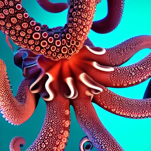 Image similar to hyperrealism computer simulation visualisation of parallel universe octopuses in surreal scene from art house movie from future by caravaggio rendered in mandelbulb 9 d and blender and octane render