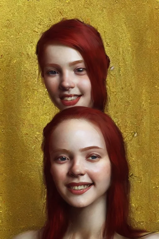 Prompt: Highly detailed portrait painting of a beautiful young woman with red hair, smiling by Craig Mullins and Ross Tran, Green dress, Golden Background, Fabric texture, Golden thread, intricate patterns, Trending on artstation, pinterest, cgsociety, 4k, 8k, HDR, award winning, unreal engine