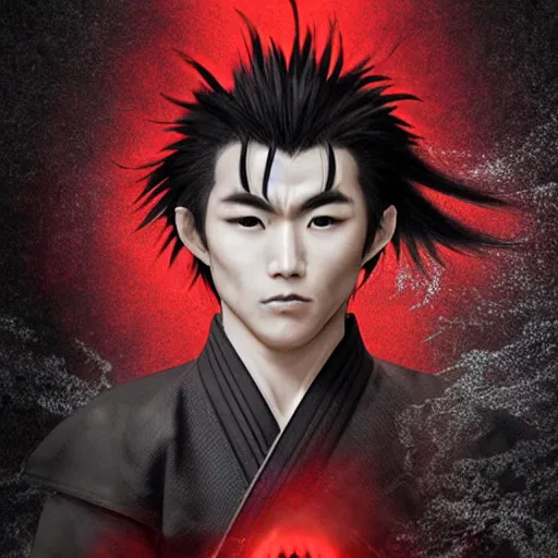 Image similar to mazoku martial artist, handsome japanese demon boy, young adult yokai with long spiky black hair, vampiric skin, vantablack gi, red eyes, ultra realistic, intricate details, highly detailed, subsurface scattering, photorealistic, octane render, 8 k, art by artgerm, greg rutkowski, magali villeneuve, alphonse mucha