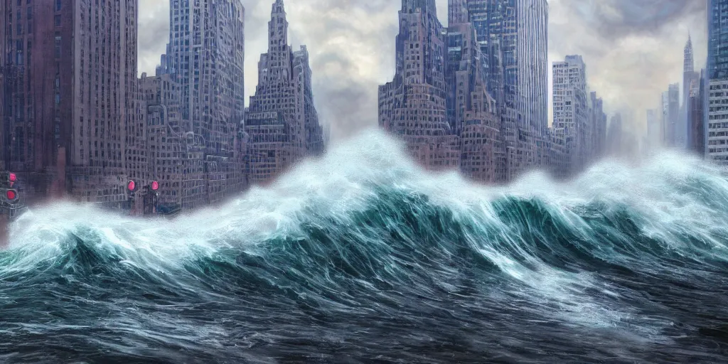 Prompt: a huge tidal wave crashing down on New York City, wide angle, super highly detailed, professional digital painting, artstation, concept art, smooth, sharp focus, no blur, no dof, extreme illustration, Unreal Engine 5, Photorealism, HD quality, 8k resolution, cinema 4d, 3D, beautiful, cinematic, art by artgerm and greg rutkowski and alphonse mucha and loish and WLOP