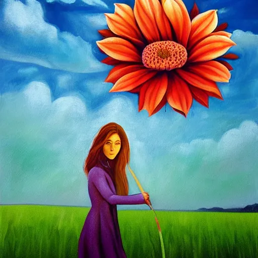 Image similar to huge flower as head, woman walking in a field, surreal, flat light, painting, digital painting, artstation, georgia o'keeffe