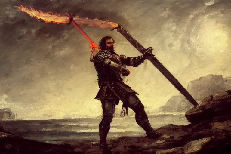 Image similar to landscape realistic painting image of a templar knight with one mechanical hand carrying a fire sword and wielding it at the ice dragon. dramatic scene, realism, created by gustave courbet and michaelangelo, trending in artstation, fine art, smooth draw with oil painting.