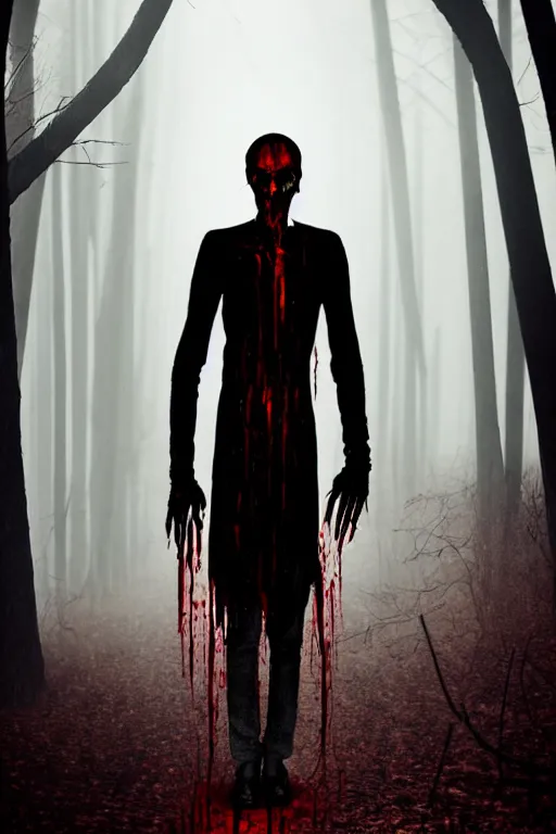 Prompt: tall slender humanoid walking in the mist, red eyes, bloody face, creepy, horror, fantasy, bloodcurdling