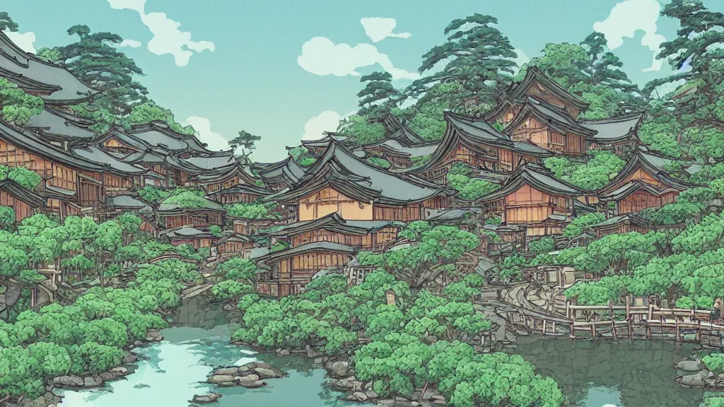 Prompt: Japanese village in the mountains in studio ghibli style
