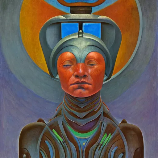 Image similar to portrait of a robot shaman, by annie swynnerton and edward hopper and diego rivera and jean delville and rufino tamayo and evelyn de morgan, art deco shaman, stylized geometric flowers, art brut, outsider art, symbolist, dramatic lighting, god rays, clean crisp graphics, smooth sharp focus, extremely detailed, adolf wolfli