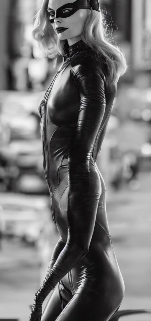 Image similar to Margot Robbie as Catwoman, XF IQ4, 150MP, 50mm, F1.4, ISO 200, 1/160s, natural light