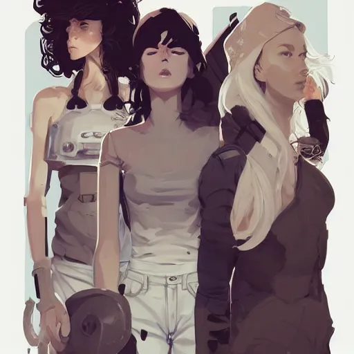 Image similar to portrait of stoic heroic blonde tomboy butch woman engineer and tall brunette goth feminine woman standing back to back by atey ghailan, by greg rutkowski, by greg tocchini, by james gilleard, by joe fenton, by kaethe butcher, dynamic lighting, gradient light blue, brown, blonde cream and white color scheme, grunge aesthetic