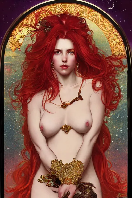 Image similar to a full body tarot card of the red haired thick empress of eternity, space, universe, portrait, highly detailed, deep focus, elegant, digital painting, smooth, sharp focus, illustration, ultra realistic, 8 k, art by artgerm and alphonse mucha