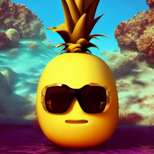 Prompt: a single delicious pineapple with sunglasses and smiling at the camera sitting underwater, bubbles, digital art, concept art, trending on DeviantArt, trending on Artstation, high quality, 8K HDR, octane render, unreal engine 5, path tracing, dramatic lighting, cinematic, highly detailed, hyper realistic, medium shot