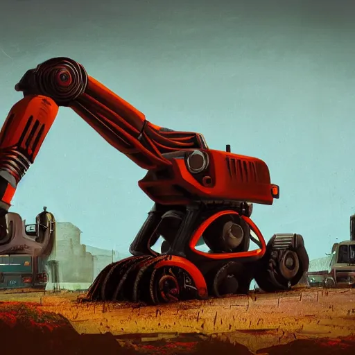 Image similar to giant scary quadrupedal mining robot with drill, four legs, highly detailed body, retro, industrial, dark, dystopian, apocalyptic, clean, in the style of simon stalenhag, 8 5 mm f / 1. 4