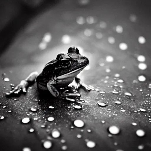 Prompt: analog photograph portrait of a frog in the rain, it\'s raining, greyscale, big clouds visible, film grain, depth of field, bokeh