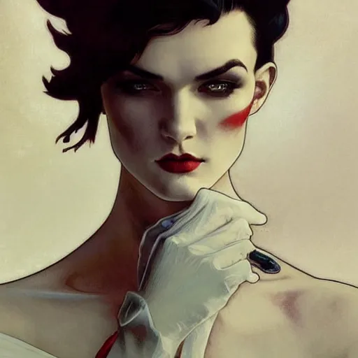 Image similar to beautiful portrait of androgynous ruby rose as desire from sandman in a white tuxedo!!!, rockabilly style, by alphonse mucha, cedric peyravernay, by jeremy mann, by frank moth, white suit and black tie, soft lightning, high detailed, 8 k