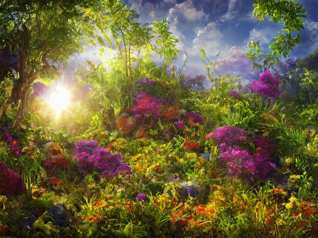 Prompt: sunlight study, the universe is a spheroid region 7 0 5 meters in diameter, art nouveau, kauai wildflower undergrowth, by jan davidz de heem and ( ( ( ( ( lisa frank ) ) ) ) ), 8 k, sharp focus, octane render