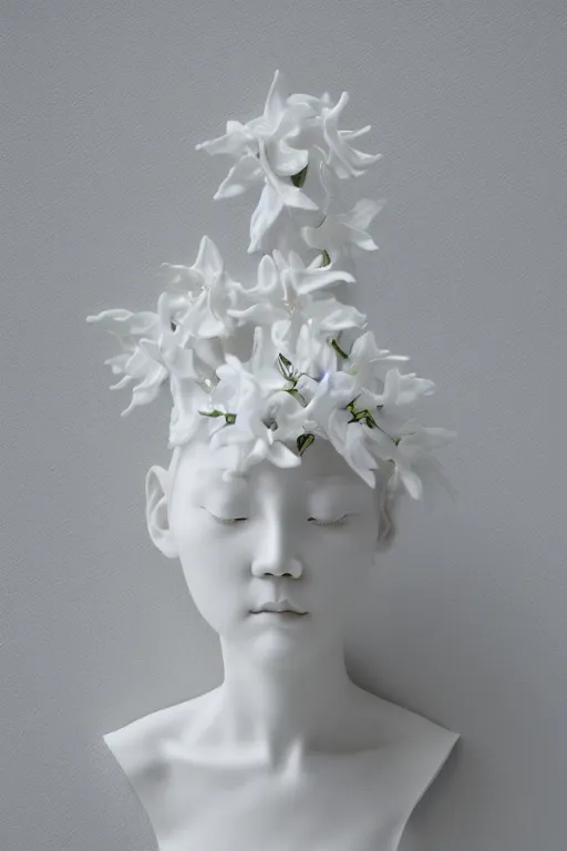 Prompt: full head and shoulders, beautiful female porcelain sculpture by daniel arsham and james jean, smooth, all white features on a white background, delicate facial features, white eyes, white lashes, detailed tangled white lillies and lillie leaves on the head, volumetric lighting