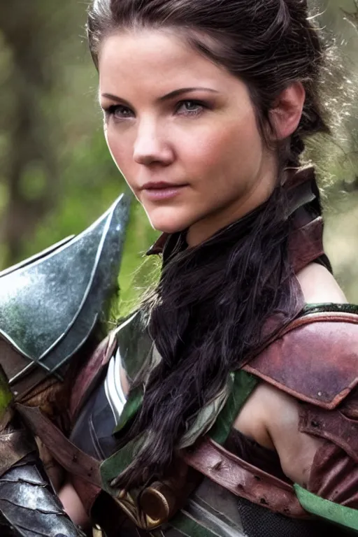 Prompt: fantasy character photo, live action. female ranger. danielle campbell. manic grin, yandere. tall, lanky, athletic, wiry. brown & dark forestgreen leather armor. small tilted lightgreen feathered cap worn at jaunty angle. black hair in ponytail. bright blue eyes. consulting in secret with an unseen, shadowy informant