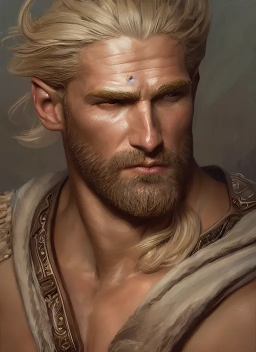 Prompt: portrait of a herculean man with blonde hair, style of god of war, swarm of sand, intricate, elegant, highly detailed, digital painting, artstation, concept art, smooth, sharp focus, illustration, art by artgerm and greg rutkowski and alphonse mucha, 8 k