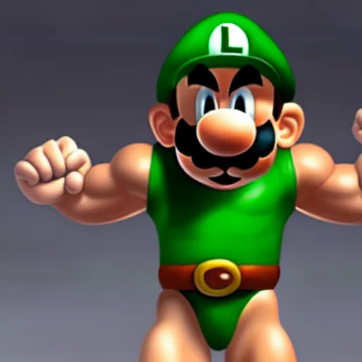 Prompt: Amazing detailed render of a shirtless Luigi as a body builder in a weight lifting competition, extremely muscular, steroids, veins popping out, a crowd is cheering in the background, 3D, unreal engine, HDR, massive muscles, detailed face, detailed eyes with pupils, face is visible, detailed green Luigi \'L\' on his hat, dramatic lighting that highlights his muscles and veins