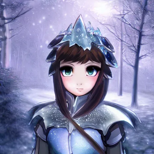 Prompt: portrait focus of knight beautiful 3D anime girl, Frozen ice crystal armor wearing, dark forest background, snowing, bokeh, inspired by Masami Kurumada, digital painting, high contrast, unreal engine render, volumetric lighting, high détail