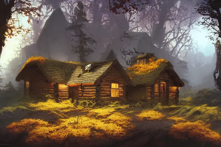 Image similar to morning autumn lonely cabin by rodney matthews, frank frazetta, trending on artstation.