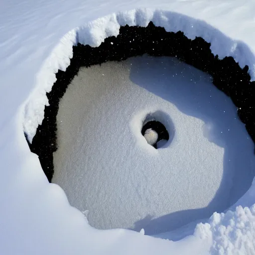 Image similar to a top down view of a hole in the snow with a wormhole that leads into another dimension, highly detailed, National Geographic Photo