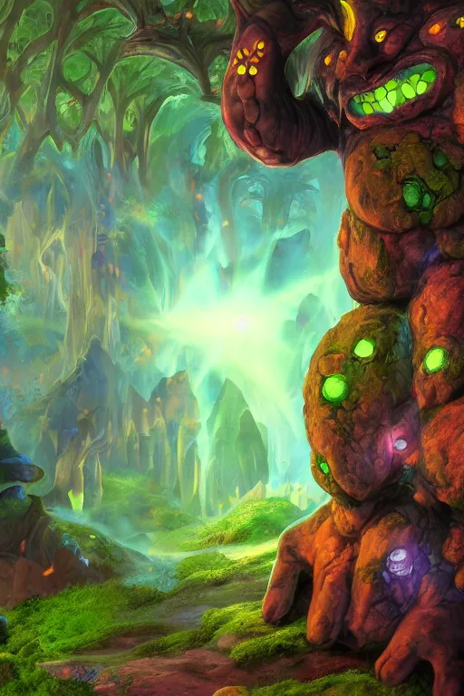 Image similar to arcane fantasy art giant golem elemental wood rock bastion forged gemstone enchanted forest troll, global illumination ray tracing hdr fanart arstation by sung choi and eric pfeiffer and gabriel garza and casper konefal lisa frank zbrush central hardmesh radiating a glowing aura