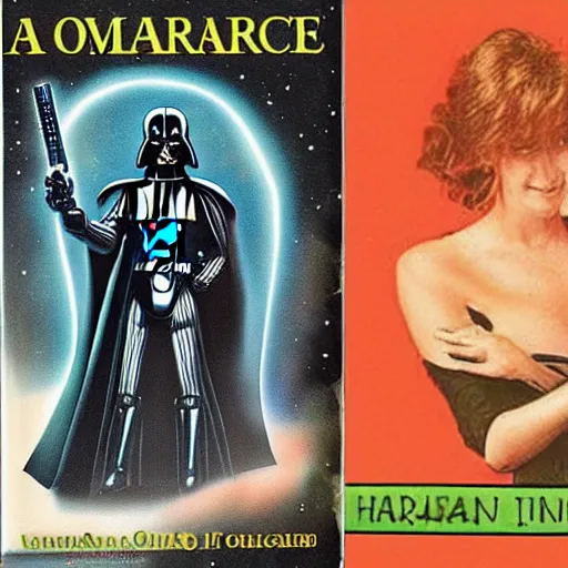 Prompt: a romance novel cover from 1 9 8 3, paperback, drawing, darth vader, yoda on the cover, romantic