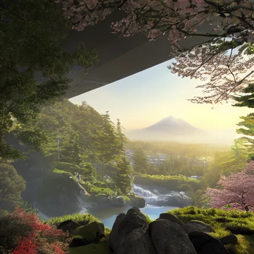 Prompt: view from the mountain top to see a costal city on an alient planet, elven architecture buildings, 8k, wide angle view, hyper realistic, waterfall under bridge, sunlight shining through into the city, zen japanese gardens, sakura trees, japanese autumn tree 18 4k photorealistic, volumetric lighting, HD, high details, dramatic, trending on artstation