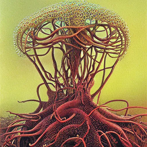 Image similar to Botanical illustration of sentient Clathrus ruber slime mold in its native habitat by Haeckel and Beksinski, ultradetailed digital art, vivid color hues