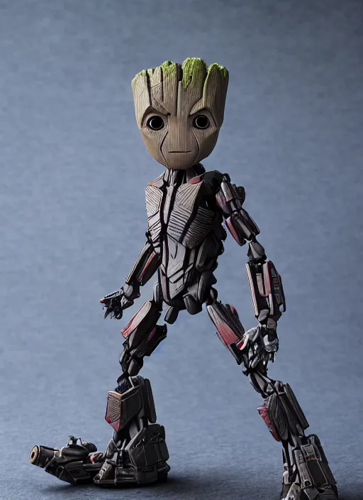 Image similar to transformers decepticon baby groot action figure from transformers : kingdom, pvc figurine, symmetrical details, gunpla, android, robot, by hasbro, takaratomy, tfwiki. net photography, product photography, official media