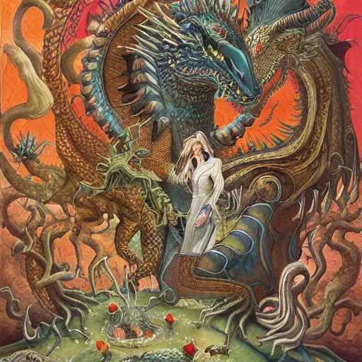 Prompt: portrait of surreal dragon king, artwork by Daniel Merriam,