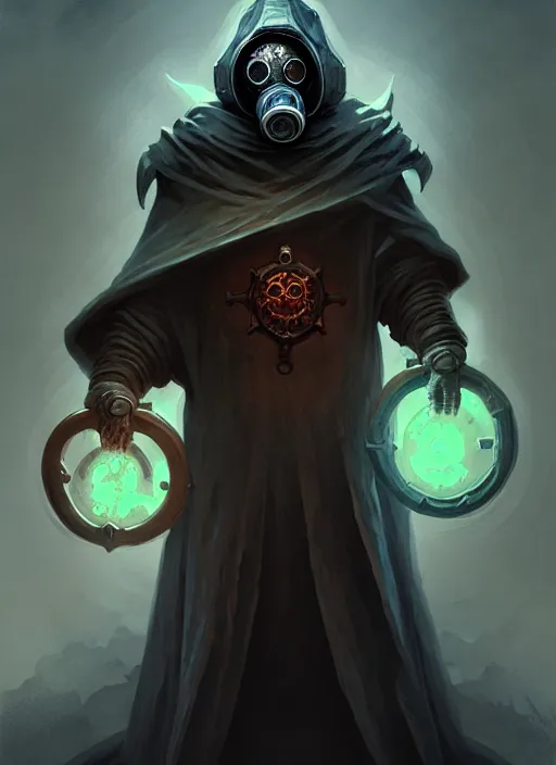 Image similar to concept art illustration of the old necromancer, wearing a wizard cloak, gas mask, in the style of angelarium, hyper detailed, intricate, complex, 8 k, crisp,