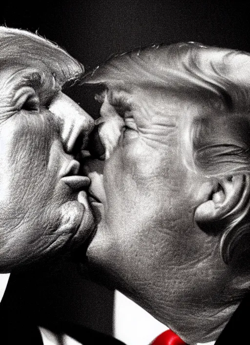 Prompt: beautiful high quality photo of donald trump kissing donald trump. hq. donald trump and donald trump kissing on the lips. two donald trumps kissing each other. donald trump kissing donald trump.