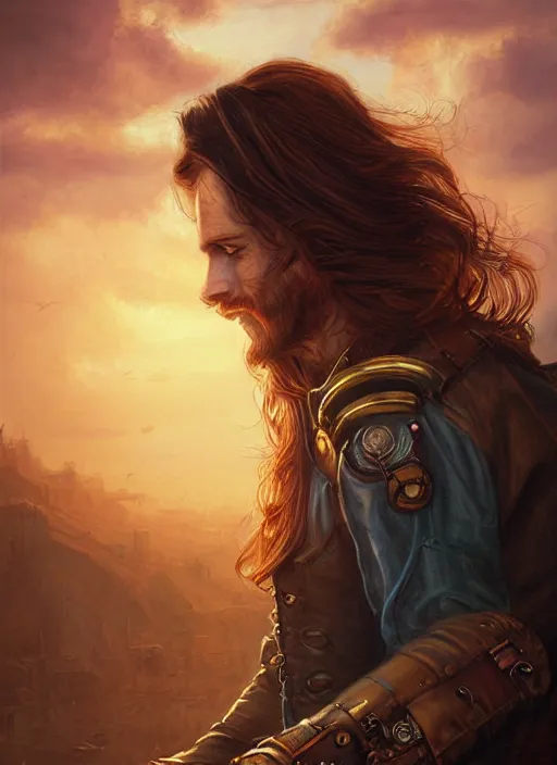 Prompt: portrait painting of a handsome face rugged long hair crimson hair male captain minimalist clothing top half portrait soft hair steampunk wood brass ornate mechanical zeppelin airship in the background sky sunset golden hour fantasy rugged book cover art atmospheric lighting art by mullins rutkowski bussiere