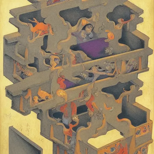 Prompt: box of ghosts, by M.C. Escher, by Joseph Cornell, by Francisco Goya, fairy-tale illustration style, very detailed, colorful, beautiful, eerie, surreal, psychedelic