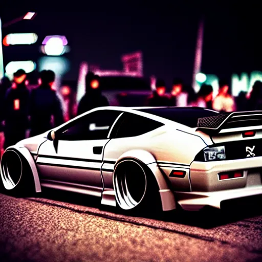 Image similar to a car 300ZX turbo drift at illegal car meet, shibuya prefecture, midnight mist streetlights, cinematic color, photorealistic, highly detailed wheels, highly detailed