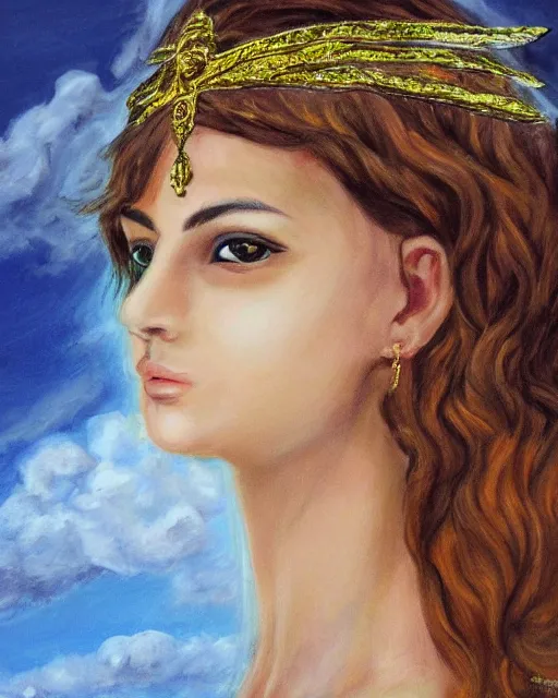 Prompt: shalev rubinstein as a hot Greek goddess in the sky, highly detailed, detailed face, beautiful face, hyper realistic