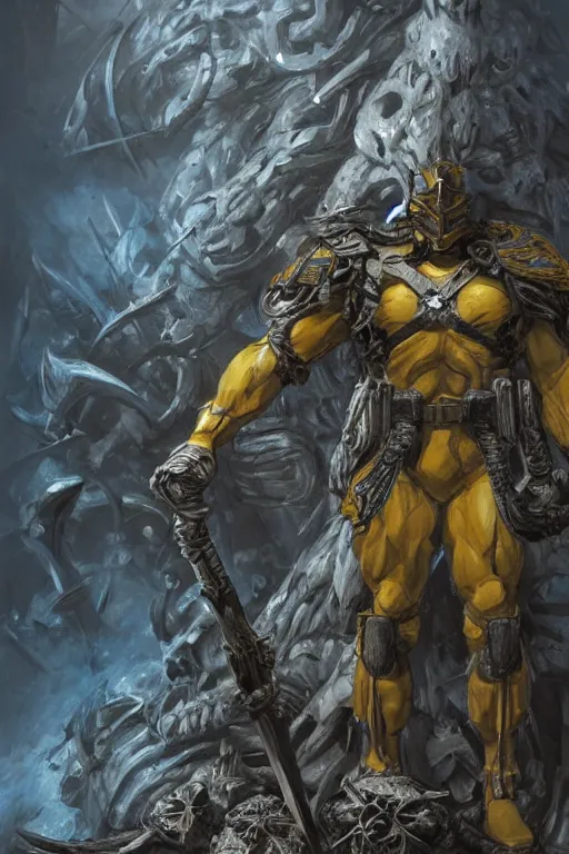 Image similar to a distant shot of a super soldier with blue and yellow flag and a trident symbol standing alone on a huge pile of skulls as a winner, masculine figure, D&D, fantasy, intricate, elegant, highly detailed, extremely detailed, digital painting, artstation, concept art, matte, smooth, sharp focus, illustration, art by Artgerm and Greg Rutkowski and Alphonse Mucha