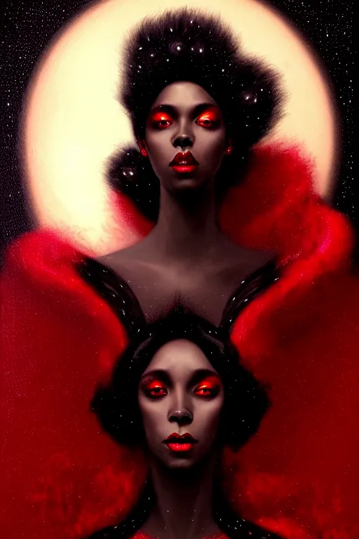 Prompt: Nocturne, glowing, stars, a portrait of black furry shadow monster hybrid woman, highly detailed, mysterious, ethereal, dressed in red velvet, haute couture, illustration, dramatic lighting, soft details, painting, by Edmund Blair Leighton, Brom, Charlie Bowater, trending on artstation, faces by Tom Bagshaw, otto schmidt