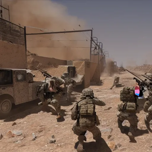 Image similar to Photo of a US Army platoon fighting terrorists on the Dust 2 real-life map, very high quality, hyper realistic 4k