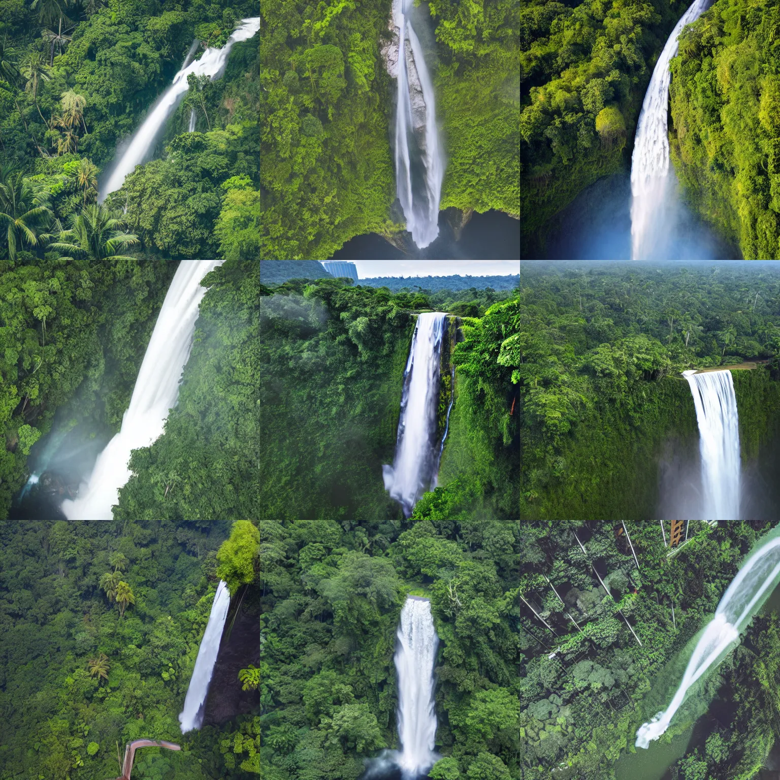 Prompt: photograph of skyscraper, waterfall running down the skyscraper, jungle in background, aerial photograph
