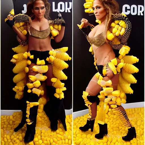 Image similar to full body photo of jennifer lopez, she is wearing a funny kid's hallowen costume of corn on a cob, studio lighting, corn on a cob is everywhere